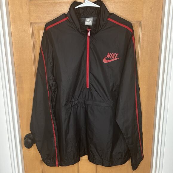 Nike Men's Windrunner Windbreaker Jacket XL Black Red 1/2 Zip Vtg Y2K Packable - Picture 1 of 7
